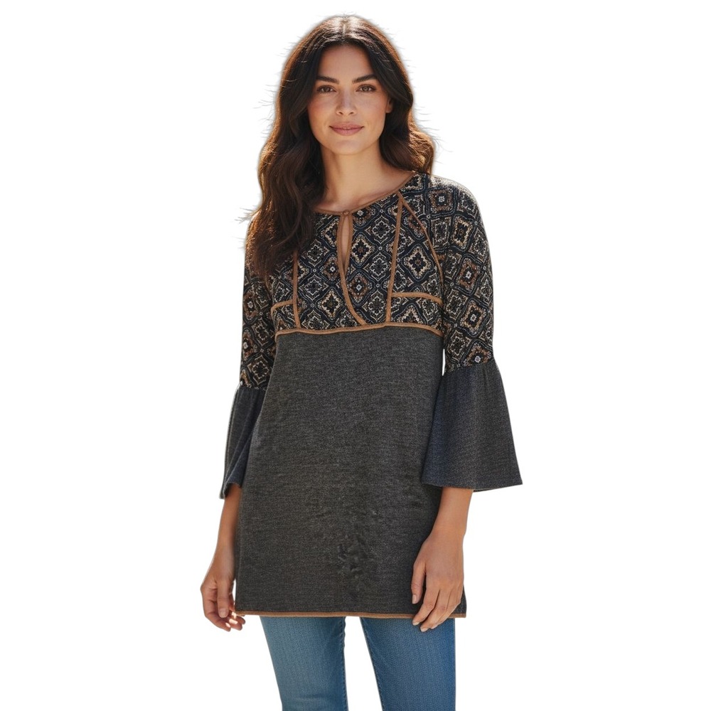 THML Geometric Pattern Bell Sleeve Trim Bohemian‎ Tunic Top Mini Dress Small